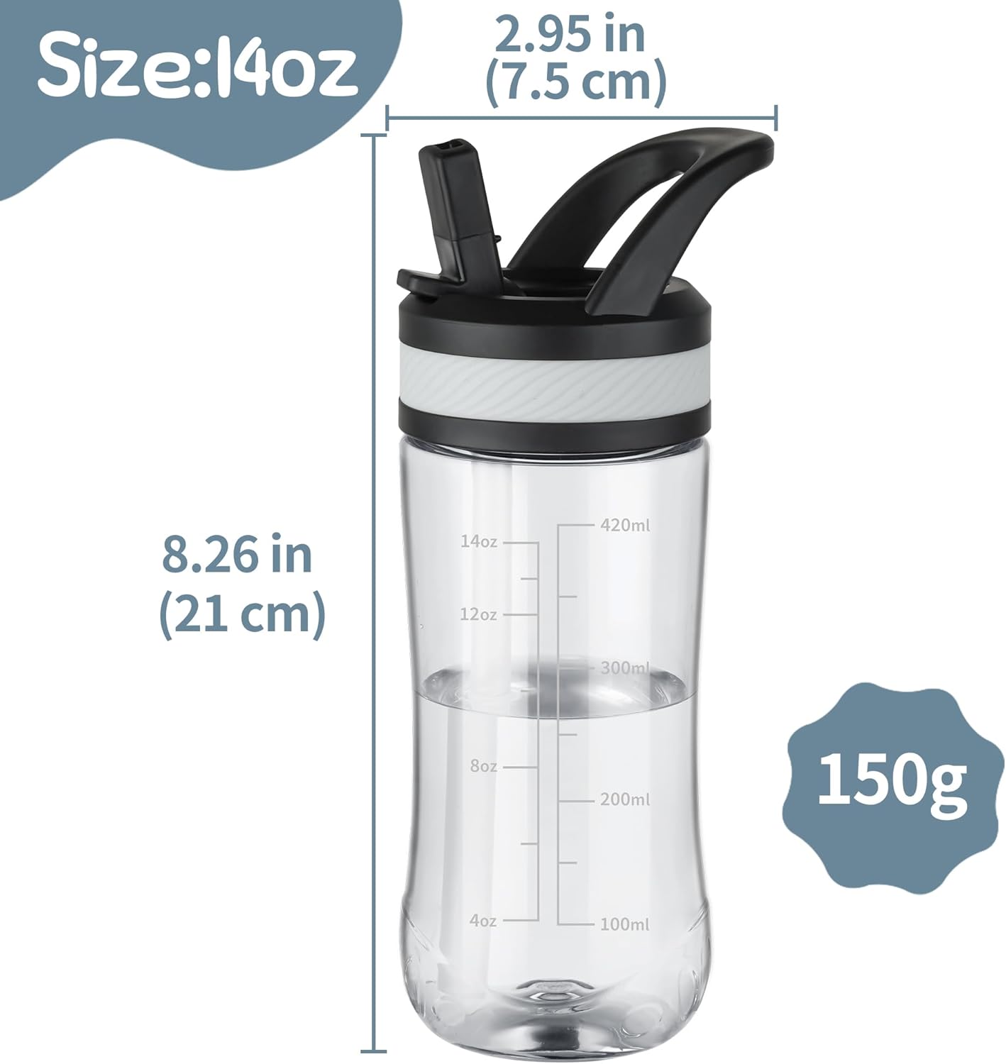 Kids Clear Water Bottle 14oz Flip with Straw Carry Handle, Leakproof, Reusable, Tritan, BPA Free, Suitable for Boys and Girls, Clear