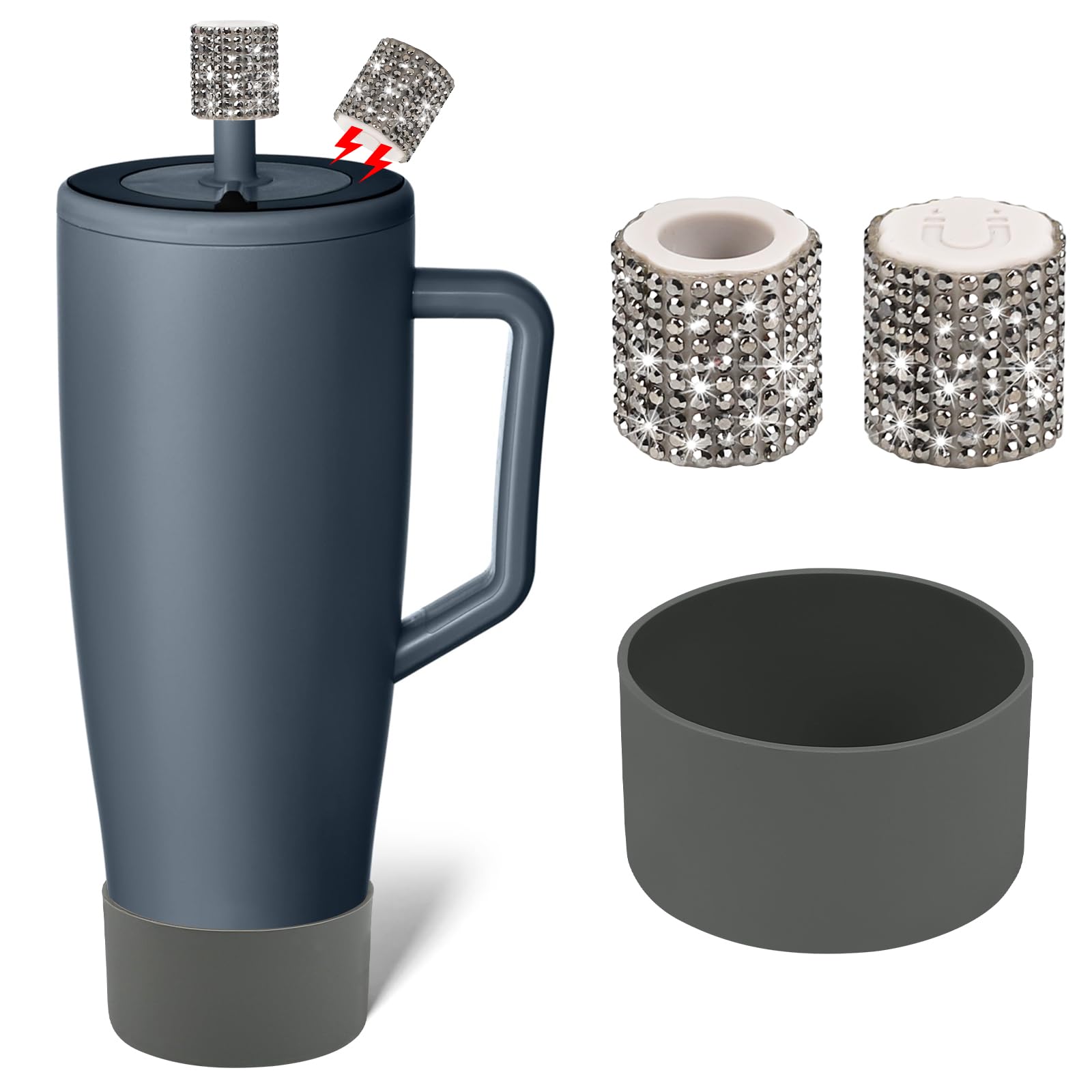Silicone Boot and Rhinestone Magnetic Straw Cover Cap Compatible with BrüMate Era | Anti-Slip Silicone Protector for 40 oz Tumbler with Handle | Accessory Set for Stainless Steel Drinking Cup