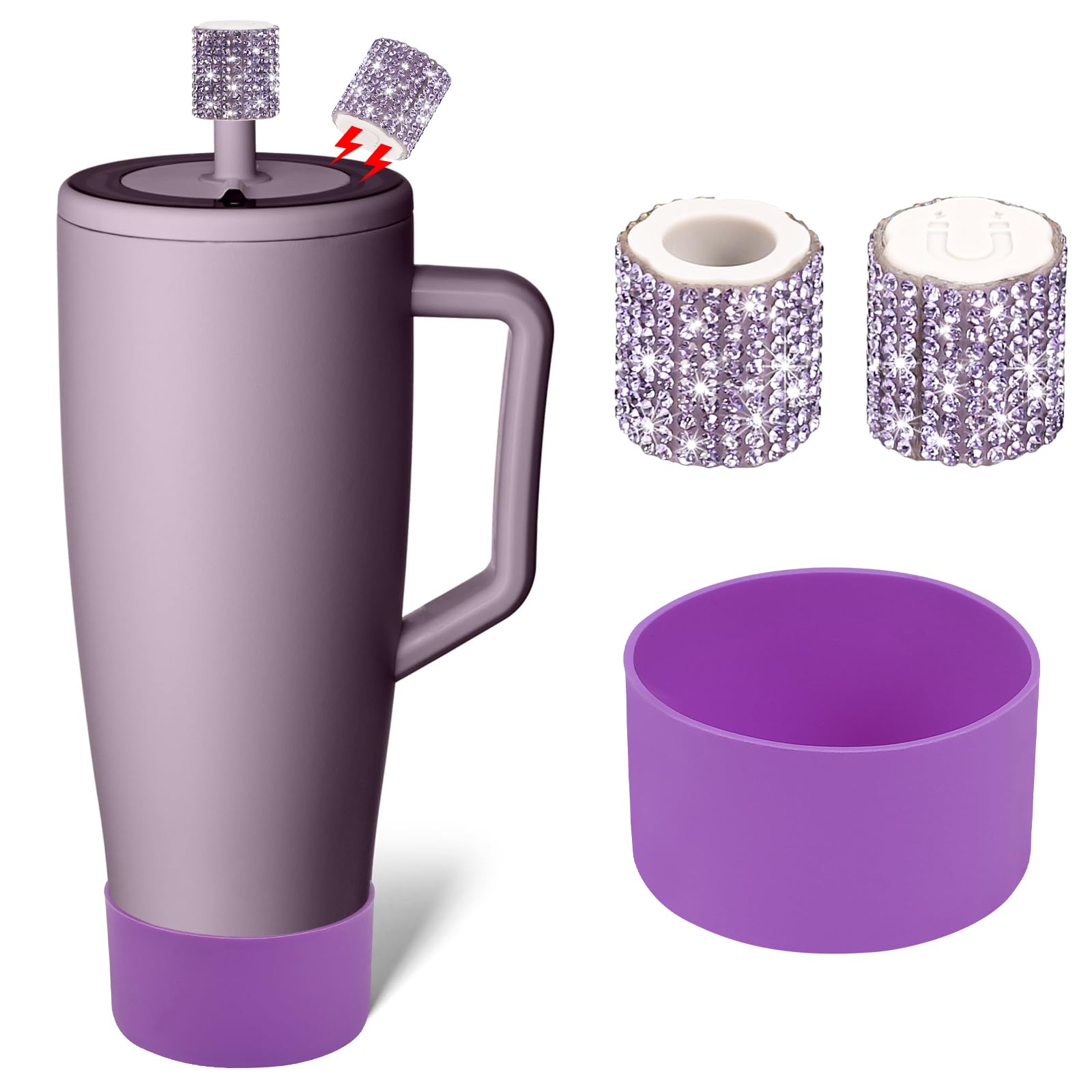 Silicone Boot and Rhinestone Magnetic Straw Cover Cap Compatible with BrüMate Era | Anti-Slip Silicone Protector for 40 oz Tumbler with Handle | Accessory Set for Stainless Steel Drinking Cup