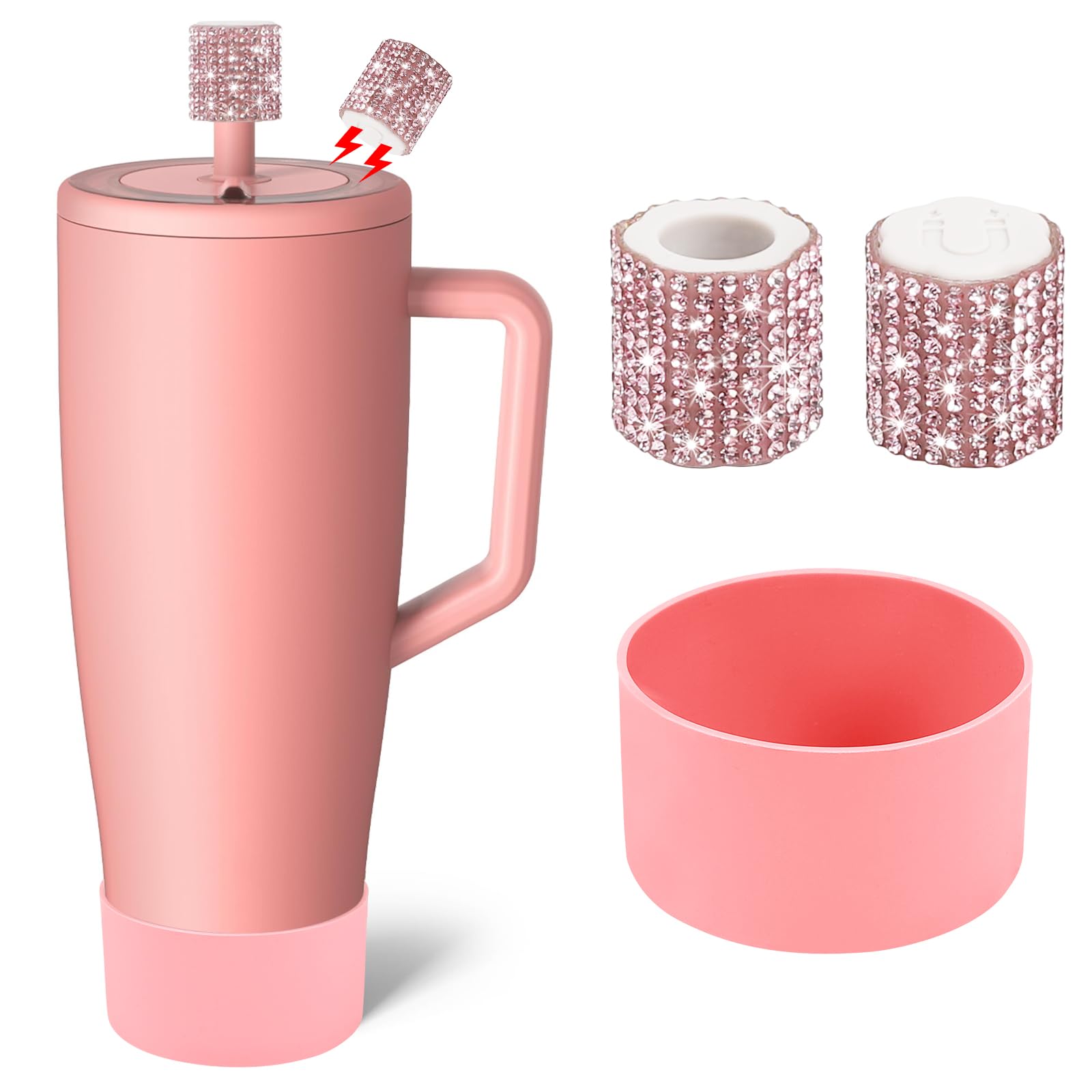 Silicone Boot and Rhinestone Magnetic Straw Cover Cap Compatible with BrüMate Era | Anti-Slip Silicone Protector for 40 oz Tumbler with Handle | Accessory Set for Stainless Steel Drinking Cup