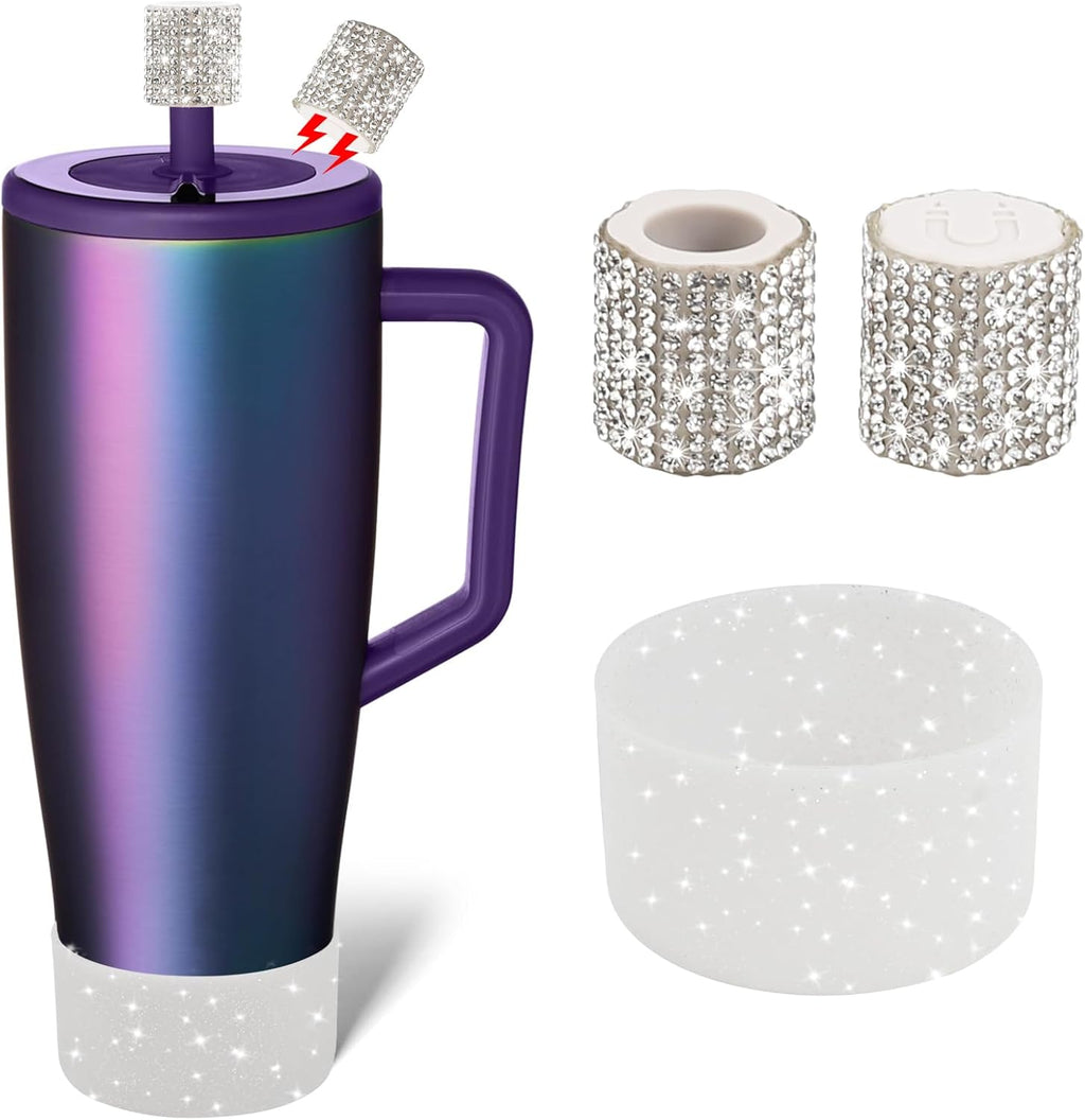 Silicone Boot and Rhinestone Magnetic Straw Cover Cap Compatible with BrüMate Era | Anti-Slip Silicone Protector for 40 oz Tumbler with Handle | Accessory Set for Stainless Steel Drinking Cup