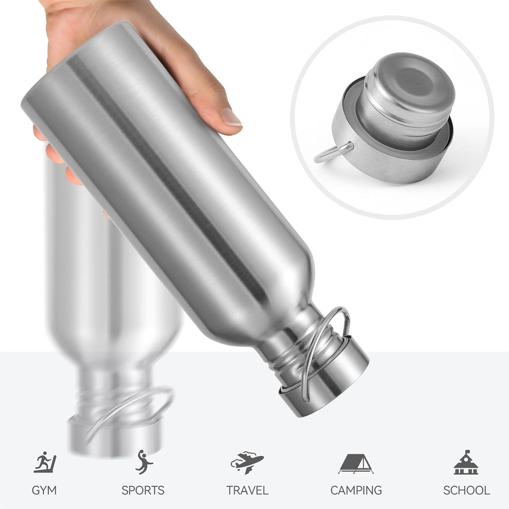 Volhoply 32oz Uninsulated Single Walled Water Bottle, Stainless Steel Reusable Water Bottles with Handle, BPA Free & Plastic Free 18/8 304 Metal Water Bottles for Camping, Hikers, Cyclists