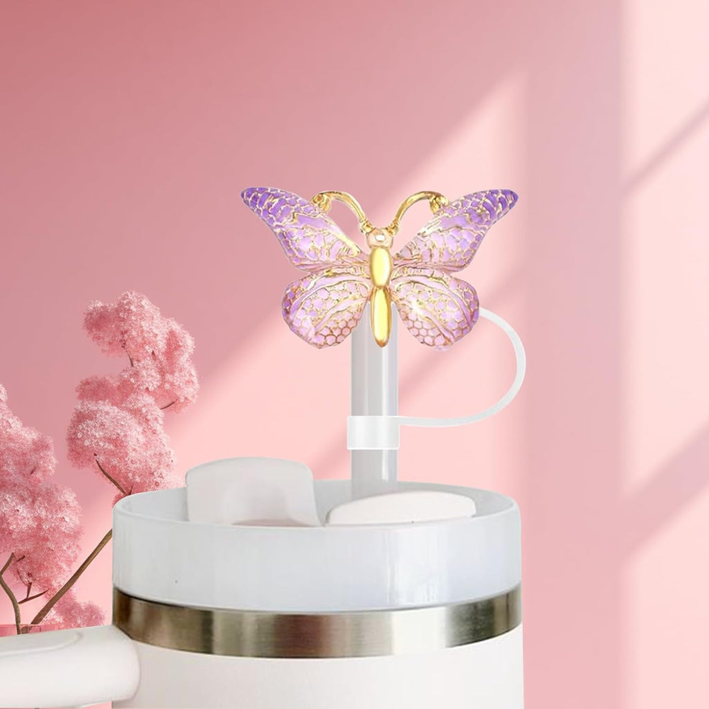 SEMATA 6PCS Cute Butterfly Straw Cover Cap for Stanley Cup Accessories,Bling Straw Toppers for Stanley Tumbler 40&30 oz,Reusable Straws Tips Protectors Compatible with 10mm Straws