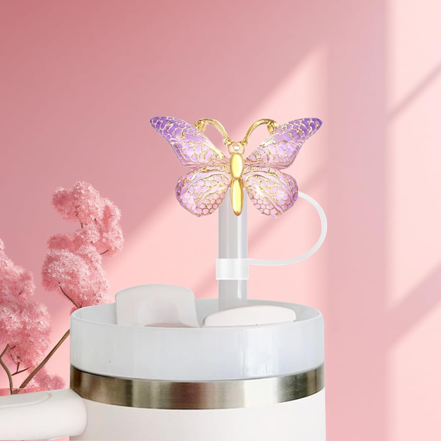 SEMATA 6PCS Cute Butterfly Straw Cover Cap for Stanley Cup Accessories,Bling Straw Toppers for Stanley Tumbler 40&30 oz,Reusable Straws Tips Protectors Compatible with 10mm Straws