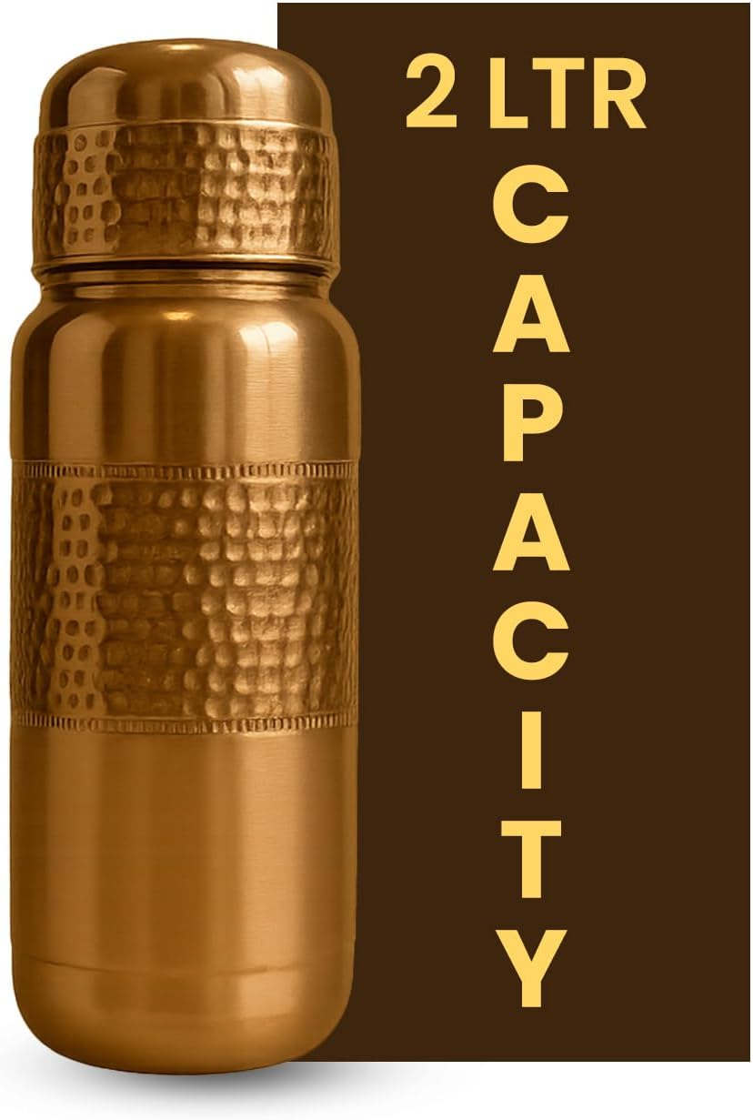 Leathervine 100% Pure Copper Water Bottle for Drinking 64 oz with Lid| Leak Proof Ayurvedic Vessel to Support Digestion, Immunity | Lightweight, Eco-Friendly, Travel Use, Best Gift for Wellness Lovers