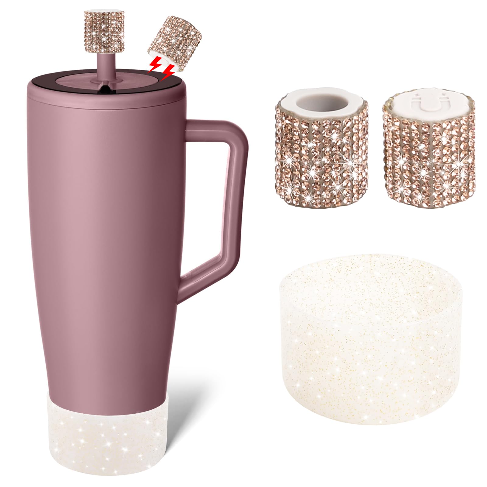 Silicone Boot and Rhinestone Magnetic Straw Cover Cap Compatible with BrüMate Era | Anti-Slip Silicone Protector for 40 oz Tumbler with Handle | Accessory Set for Stainless Steel Drinking Cup