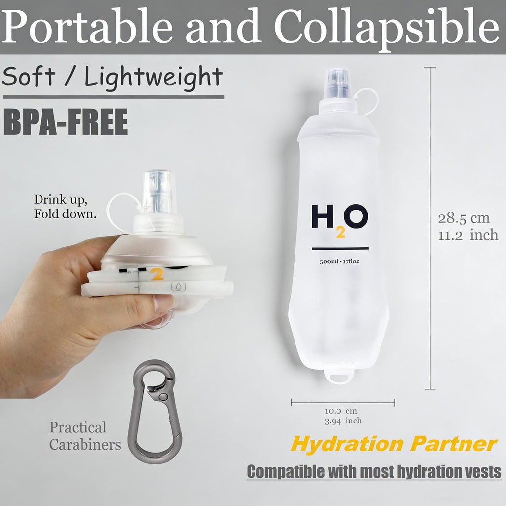 HECHZSO Collapsible TPU Soft Flask 500ml Leakproof Hydration Bottle with High-Flow Bite Valve for Hydration Vest Running, Hiking, Cycling & Climbing, Lightweight Foldable Water Bottle (1pc 500ml17oz)