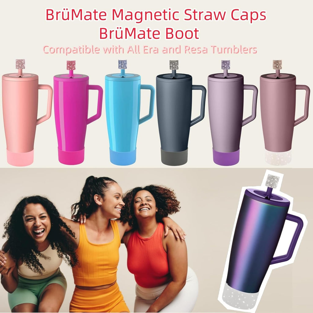 Silicone Boot and Rhinestone Magnetic Straw Cover Cap Compatible with BrüMate Era | Anti-Slip Silicone Protector for 40 oz Tumbler with Handle | Accessory Set for Stainless Steel Drinking Cup