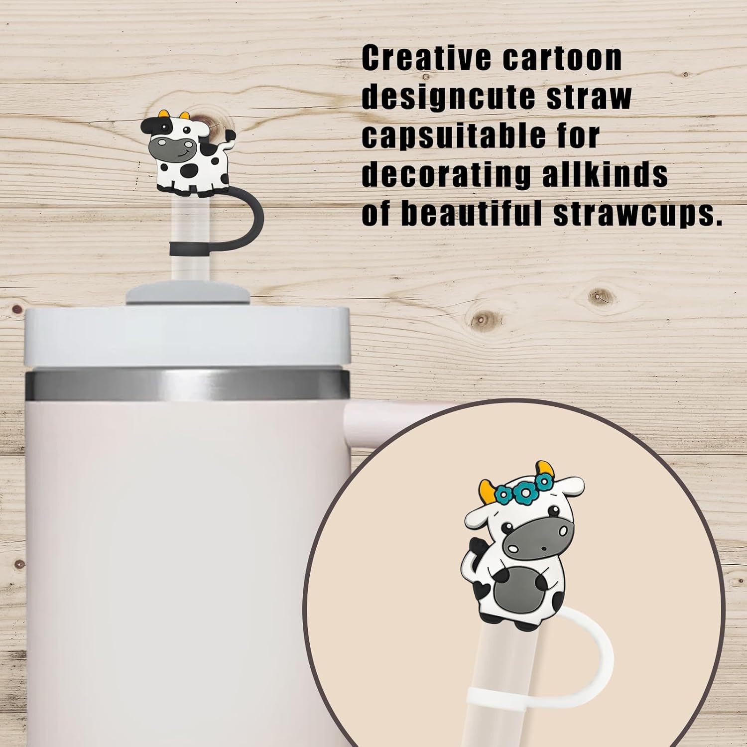 Dairy cow Straw Cover Cap for Stanley Cup, Reusable 10mm (0.4in)