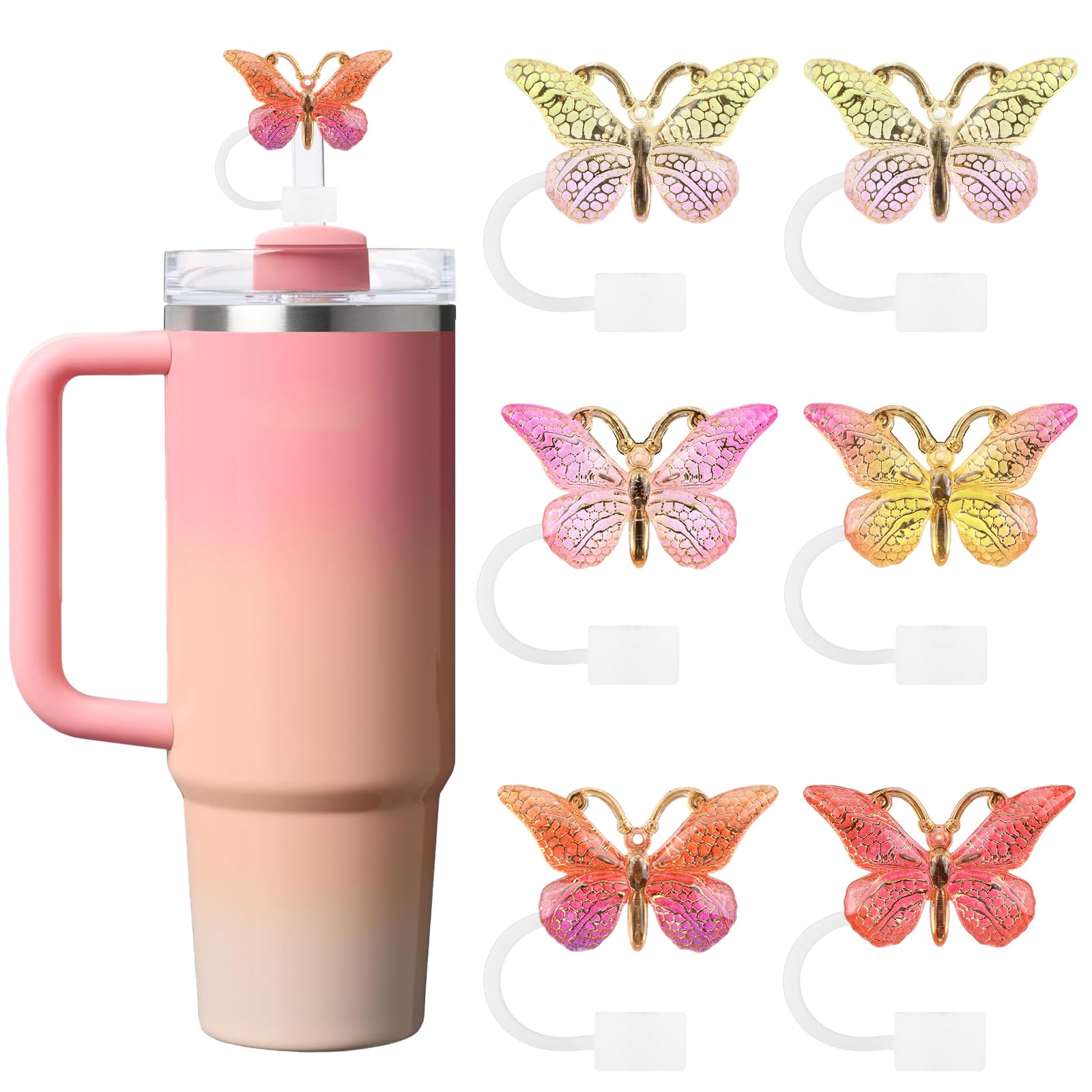 SEMATA 6PCS Cute Butterfly Straw Cover Cap for Stanley Cup Accessories,Bling Straw Toppers for Stanley Tumbler 40&30 oz,Reusable Straws Tips Protectors Compatible with 10mm Straws