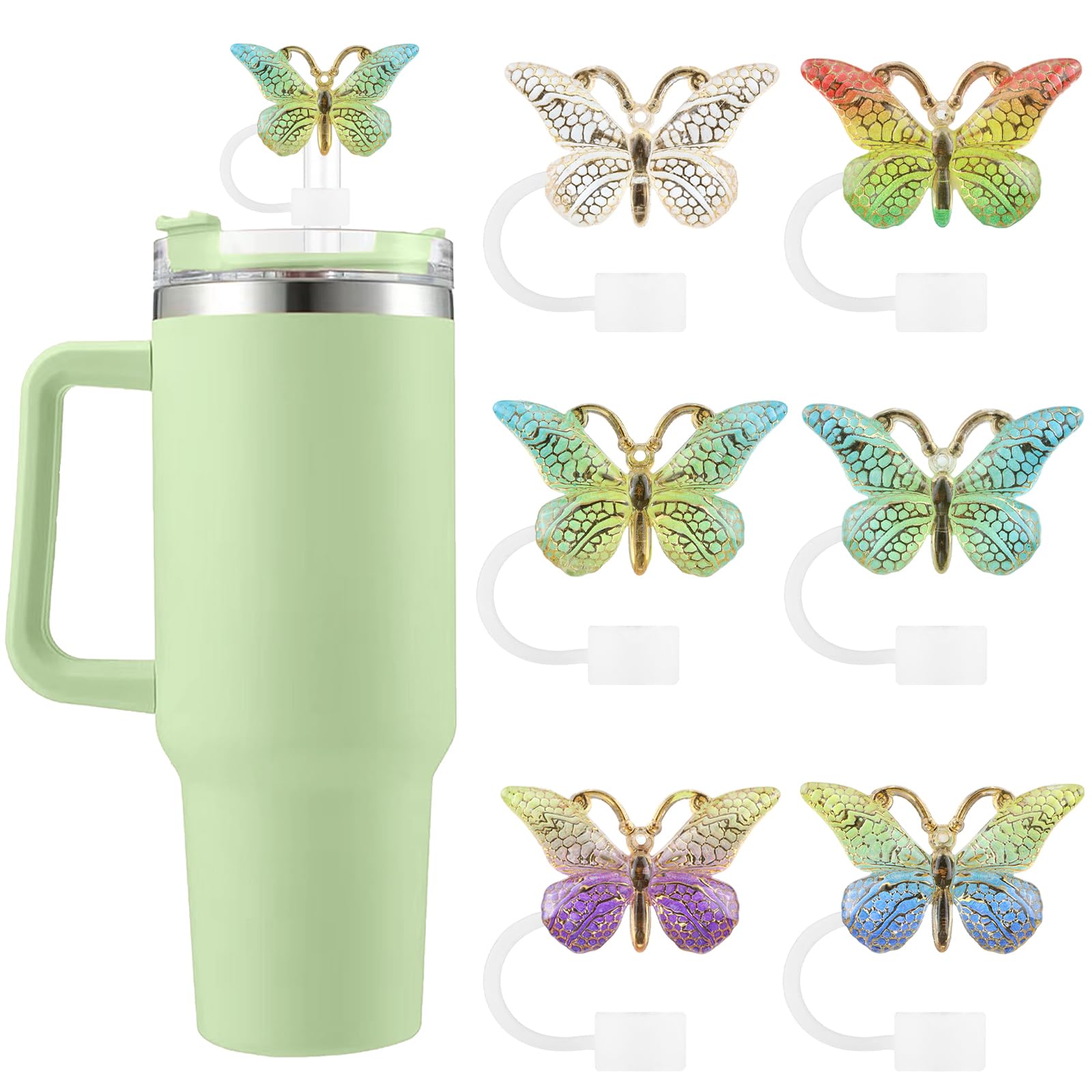 SEMATA 6PCS Cute Butterfly Straw Cover Cap for Stanley Cup Accessories,Bling Straw Toppers for Stanley Tumbler 40&30 oz,Reusable Straws Tips Protectors Compatible with 10mm Straws