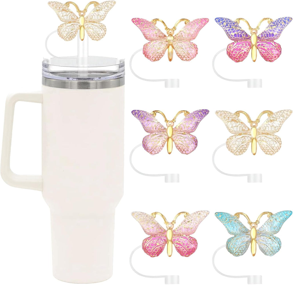 SEMATA 6PCS Cute Butterfly Straw Cover Cap for Stanley Cup Accessories,Bling Straw Toppers for Stanley Tumbler 40&30 oz,Reusable Straws Tips Protectors Compatible with 10mm Straws