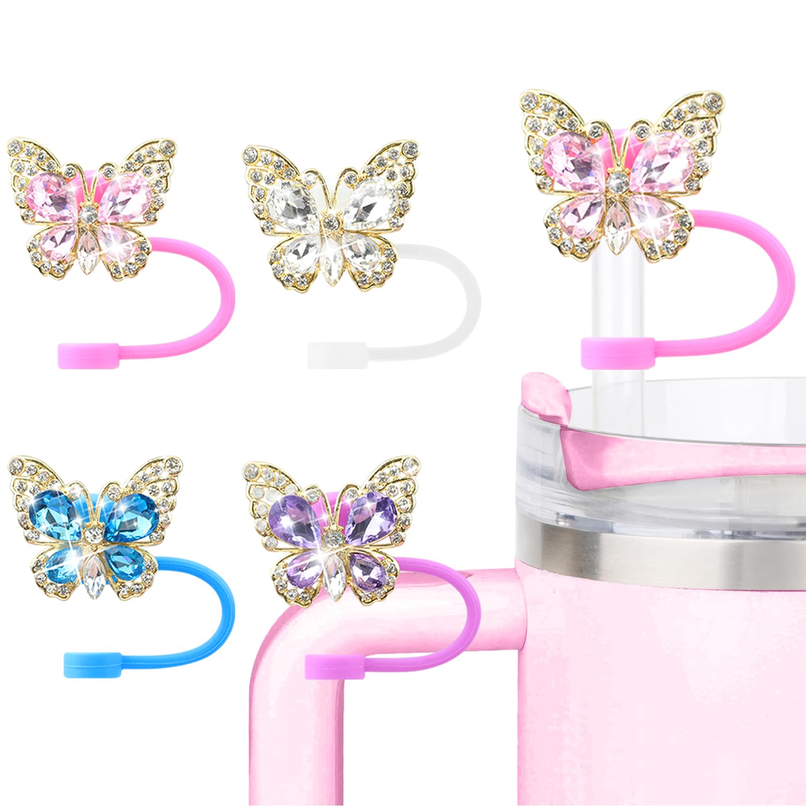 SEMATA 6PCS Cute Butterfly Straw Cover Cap for Stanley Cup Accessories,Bling Straw Toppers for Stanley Tumbler 40&30 oz,Reusable Straws Tips Protectors Compatible with 10mm Straws
