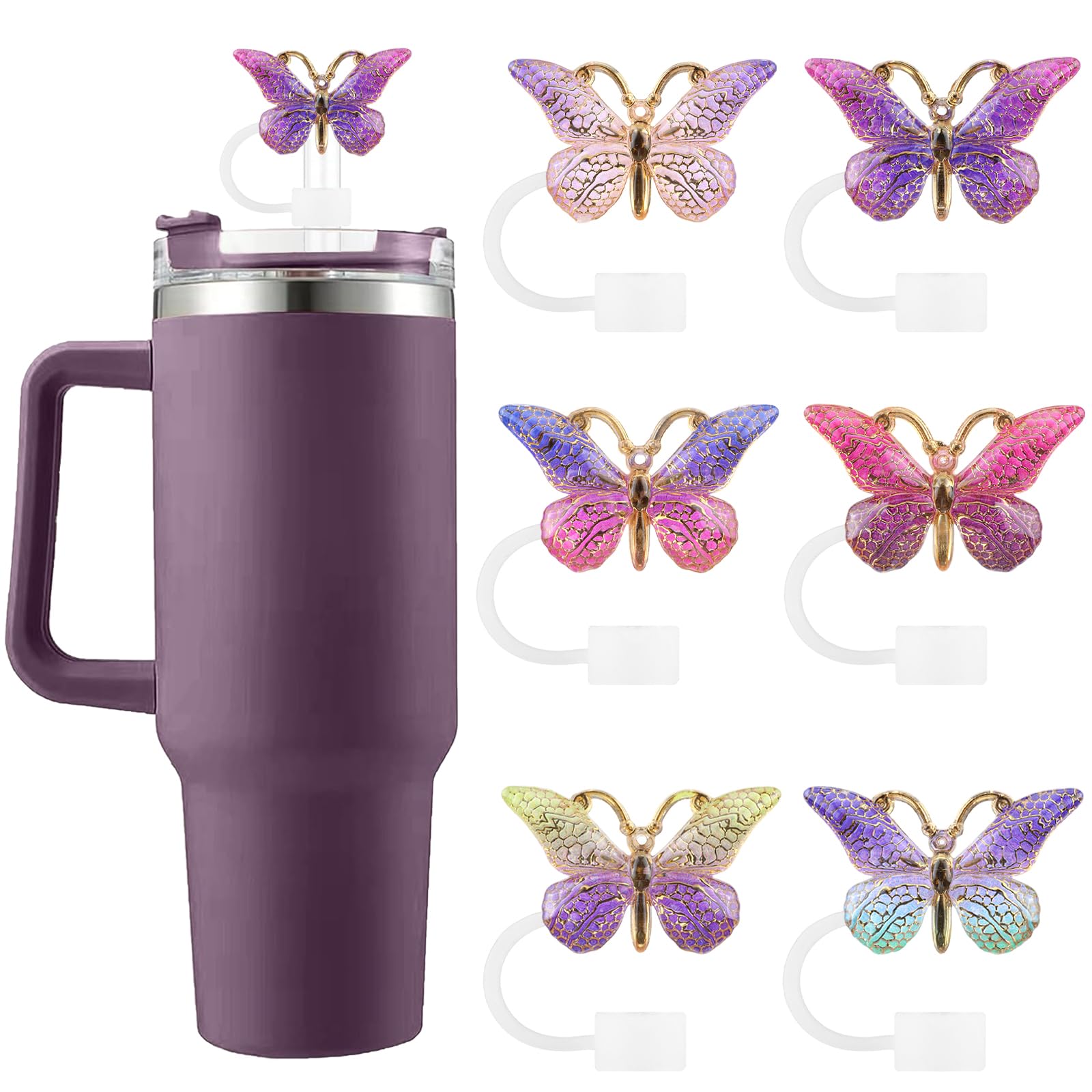 SEMATA 6PCS Cute Butterfly Straw Cover Cap for Stanley Cup Accessories,Bling Straw Toppers for Stanley Tumbler 40&30 oz,Reusable Straws Tips Protectors Compatible with 10mm Straws