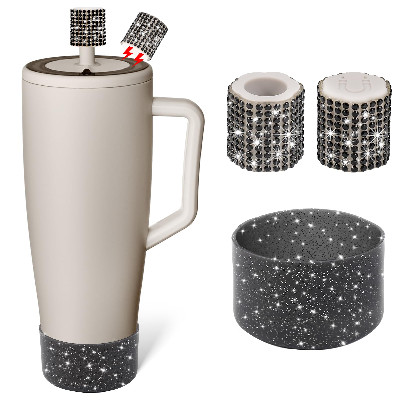 Silicone Boot and Rhinestone Magnetic Straw Cover Cap Compatible with BrüMate Era | Anti-Slip Silicone Protector for 40 oz Tumbler with Handle | Accessory Set for Stainless Steel Drinking Cup