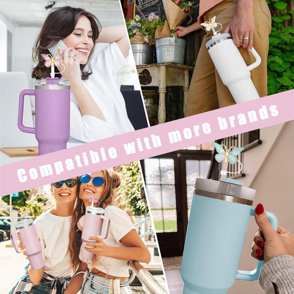 SEMATA 6PCS Cute Butterfly Straw Cover Cap for Stanley Cup Accessories,Bling Straw Toppers for Stanley Tumbler 40&30 oz,Reusable Straws Tips Protectors Compatible with 10mm Straws