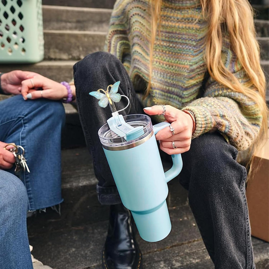 SEMATA 6PCS Cute Butterfly Straw Cover Cap for Stanley Cup Accessories,Bling Straw Toppers for Stanley Tumbler 40&30 oz,Reusable Straws Tips Protectors Compatible with 10mm Straws