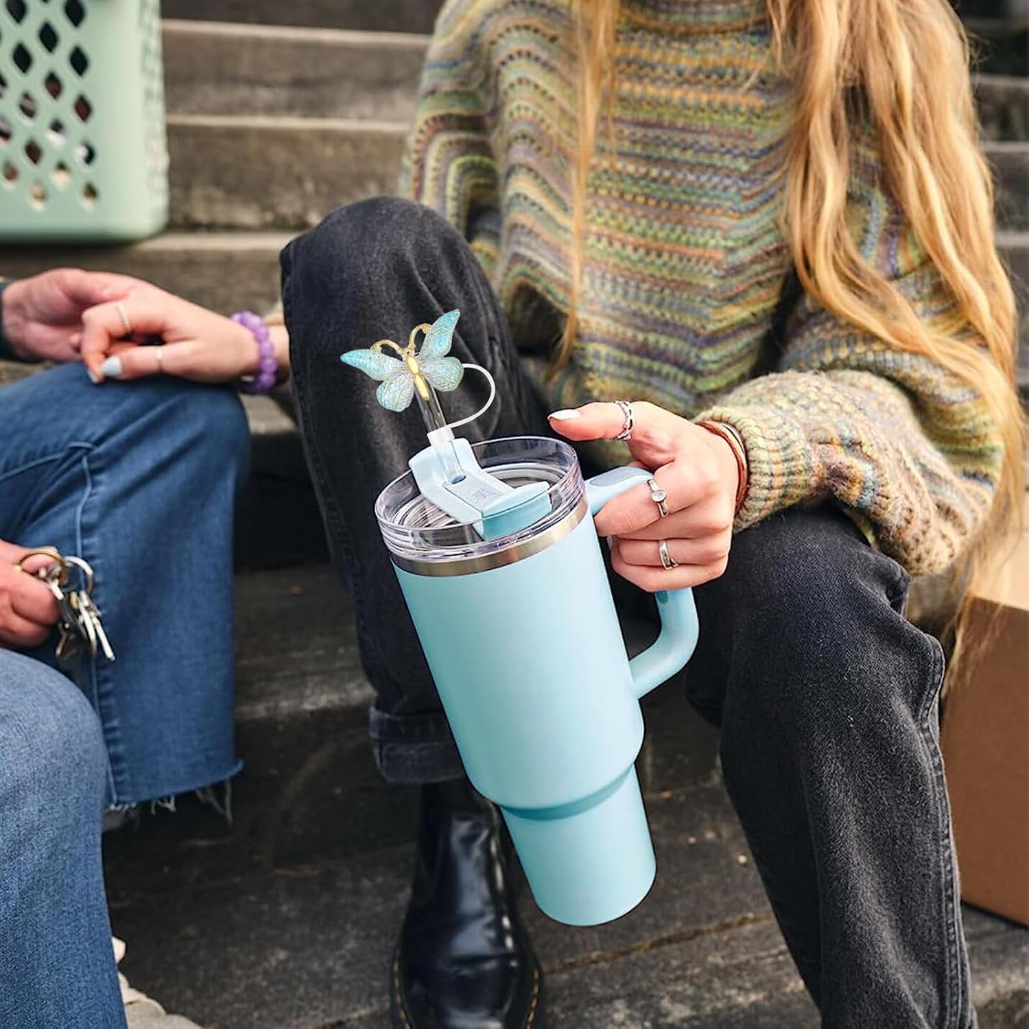 SEMATA 6PCS Cute Butterfly Straw Cover Cap for Stanley Cup Accessories,Bling Straw Toppers for Stanley Tumbler 40&30 oz,Reusable Straws Tips Protectors Compatible with 10mm Straws