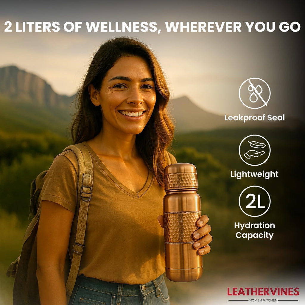 Leathervine 100% Pure Copper Water Bottle for Drinking 64 oz with Lid| Leak Proof Ayurvedic Vessel to Support Digestion, Immunity | Lightweight, Eco-Friendly, Travel Use, Best Gift for Wellness Lovers