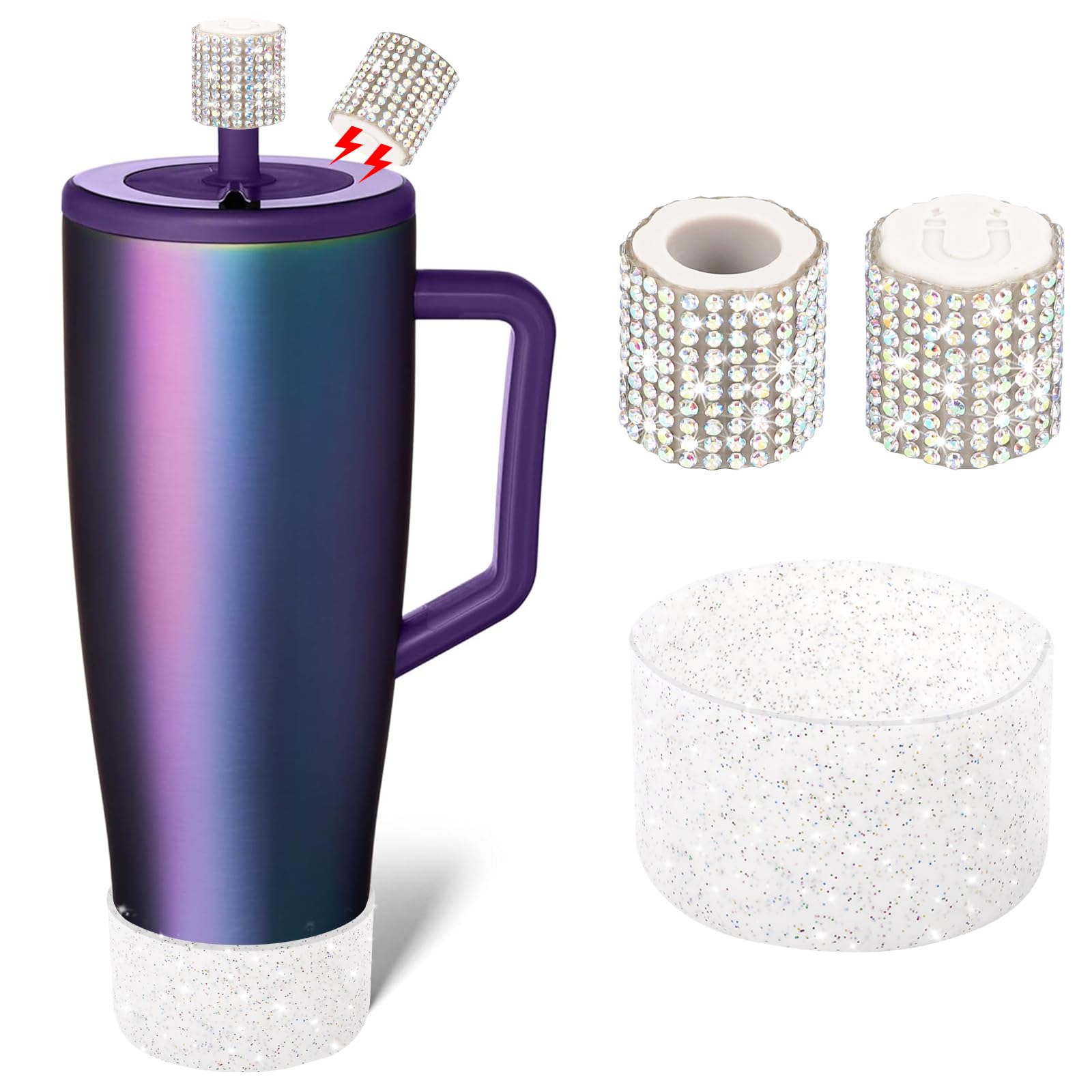 Silicone Boot and Rhinestone Magnetic Straw Cover Cap Compatible with BrüMate Era | Anti-Slip Silicone Protector for 40 oz Tumbler with Handle | Accessory Set for Stainless Steel Drinking Cup