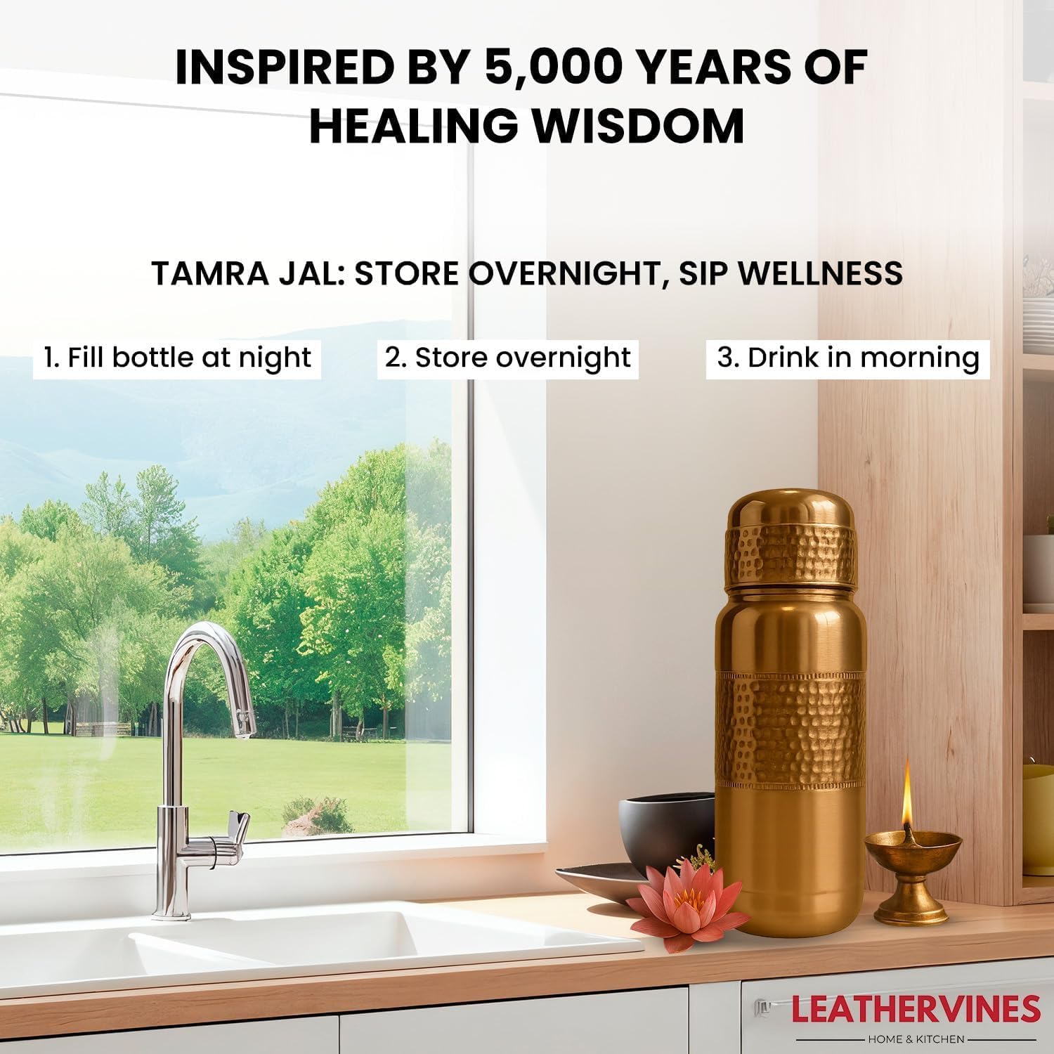 Leathervine 100% Pure Copper Water Bottle for Drinking 64 oz with Lid| Leak Proof Ayurvedic Vessel to Support Digestion, Immunity | Lightweight, Eco-Friendly, Travel Use, Best Gift for Wellness Lovers