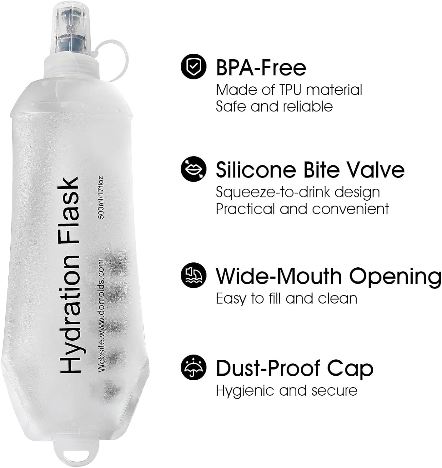 GYGYL Soft Flask, TPU Collapsible Soft Water Bottle for Hydration Pack, Running Vest, Leak-Proof Folding Water Bottle for Hiking Cycling Climbing Jogging-150ml White