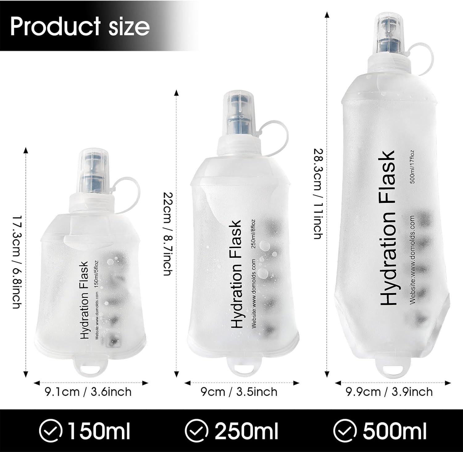 GYGYL Soft Flask, TPU Collapsible Soft Water Bottle for Hydration Pack, Running Vest, Leak-Proof Folding Water Bottle for Hiking Cycling Climbing Jogging-150ml White