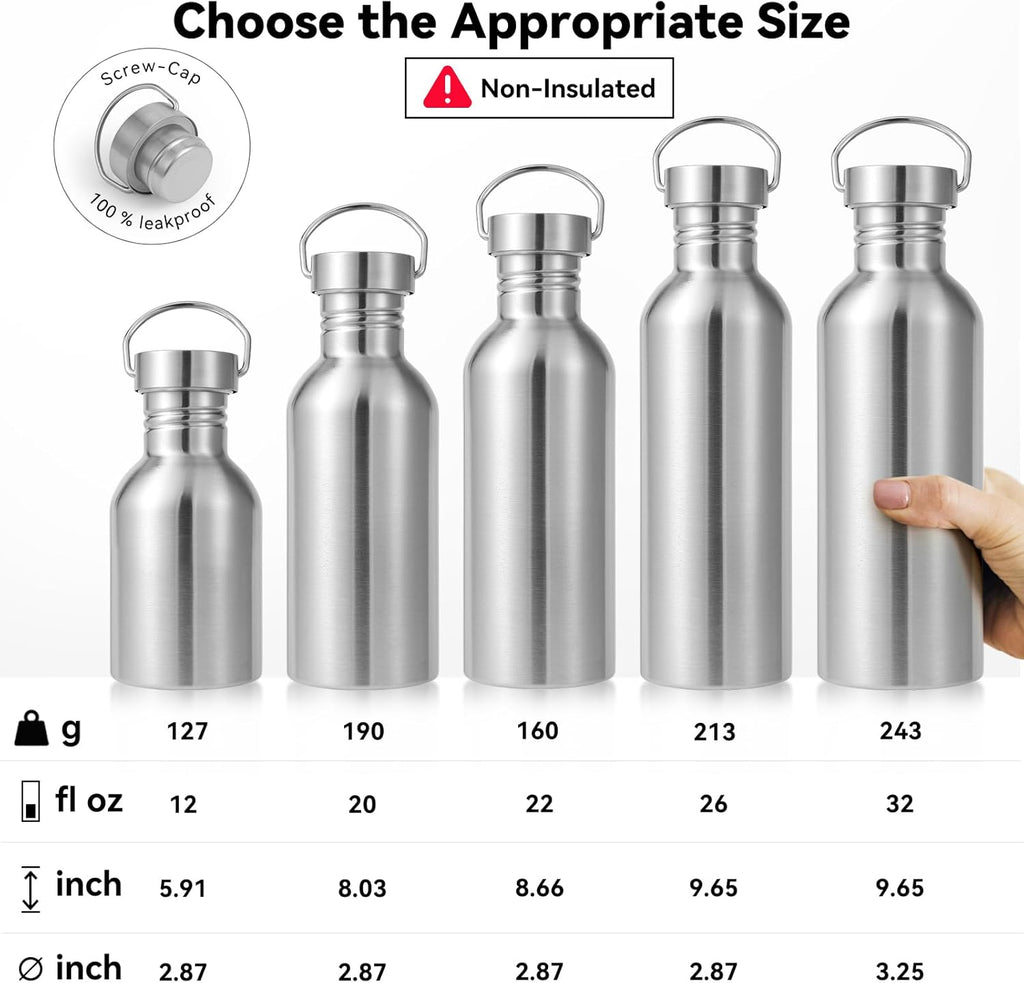 Volhoply 32oz Uninsulated Single Walled Water Bottle, Stainless Steel Reusable Water Bottles with Handle, BPA Free & Plastic Free 18/8 304 Metal Water Bottles for Camping, Hikers, Cyclists