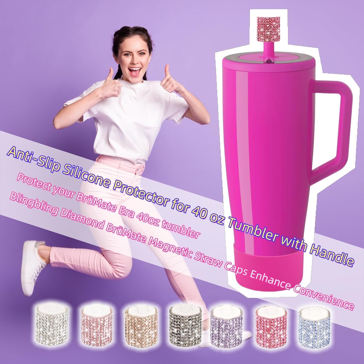 Silicone Boot and Rhinestone Magnetic Straw Cover Cap Compatible with BrüMate Era | Anti-Slip Silicone Protector for 40 oz Tumbler with Handle | Accessory Set for Stainless Steel Drinking Cup