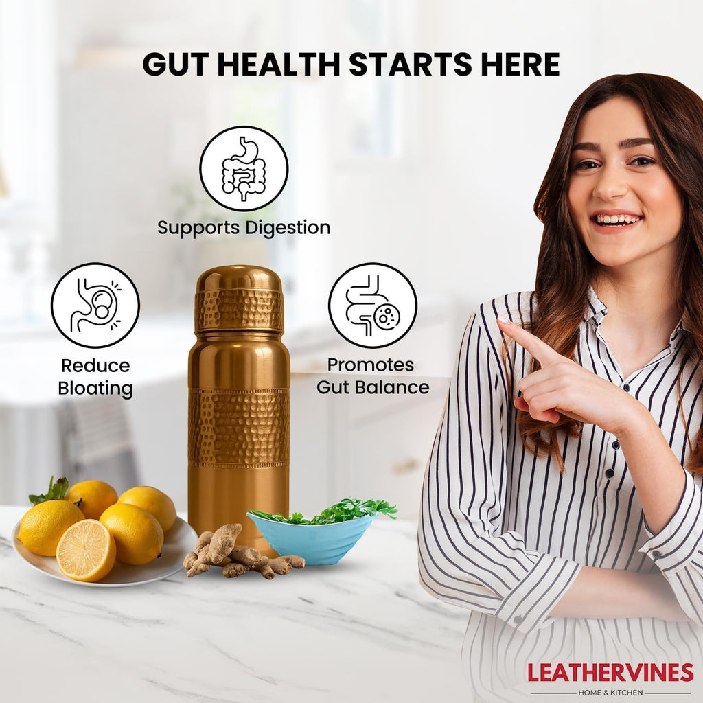 Leathervine 100% Pure Copper Water Bottle for Drinking 64 oz with Lid| Leak Proof Ayurvedic Vessel to Support Digestion, Immunity | Lightweight, Eco-Friendly, Travel Use, Best Gift for Wellness Lovers