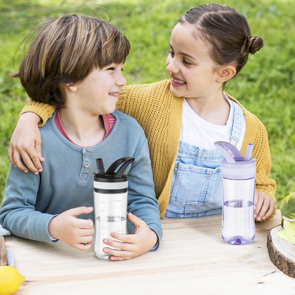 Kids Clear Water Bottle 14oz Flip with Straw Carry Handle, Leakproof, Reusable, Tritan, BPA Free, Suitable for Boys and Girls, Clear