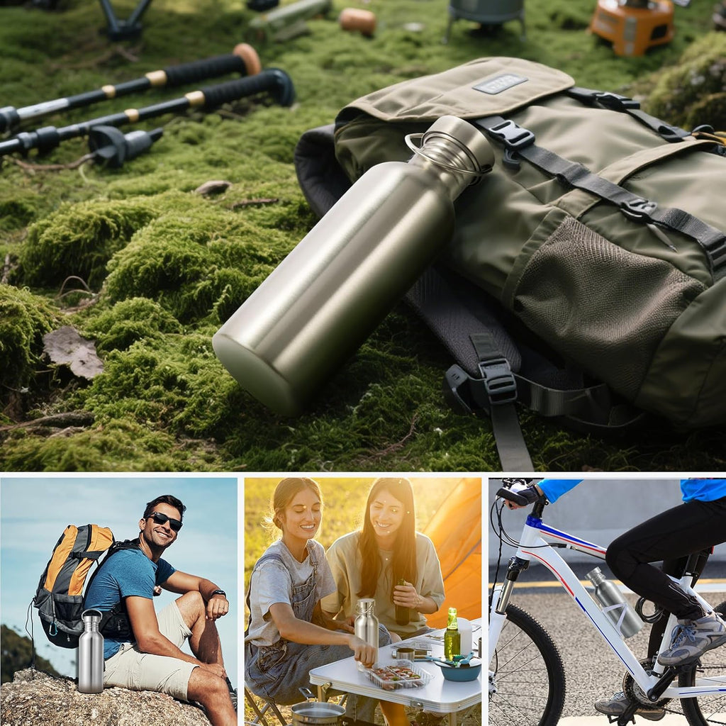 Volhoply 32oz Uninsulated Single Walled Water Bottle, Stainless Steel Reusable Water Bottles with Handle, BPA Free & Plastic Free 18/8 304 Metal Water Bottles for Camping, Hikers, Cyclists