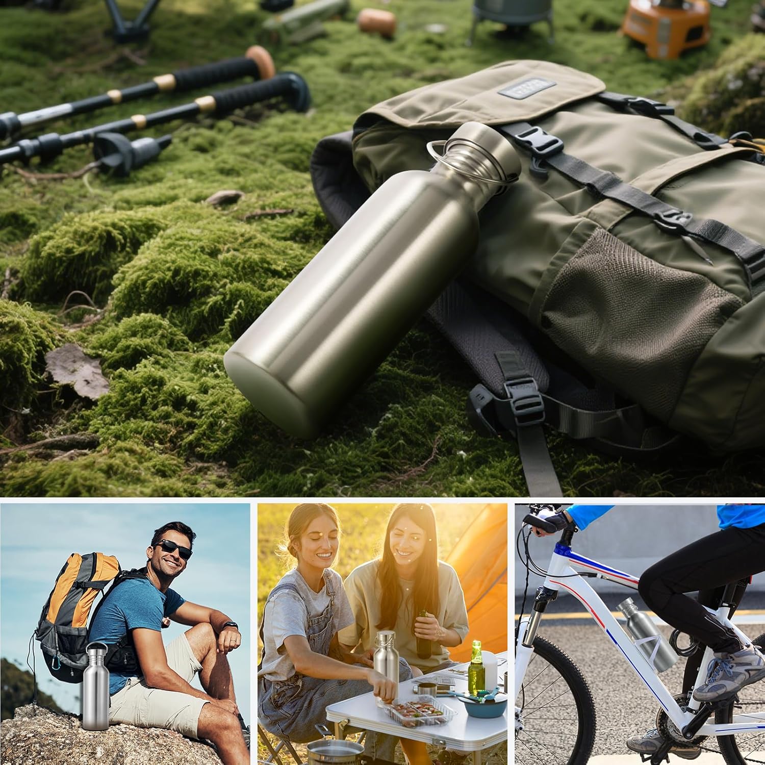 Volhoply 32oz Uninsulated Single Walled Water Bottle, Stainless Steel Reusable Water Bottles with Handle, BPA Free & Plastic Free 18/8 304 Metal Water Bottles for Camping, Hikers, Cyclists